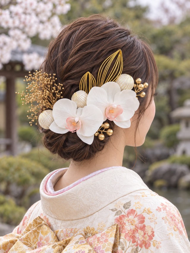 ホワイトピンク胡蝶蘭とゴールドかすみ草の髪飾り