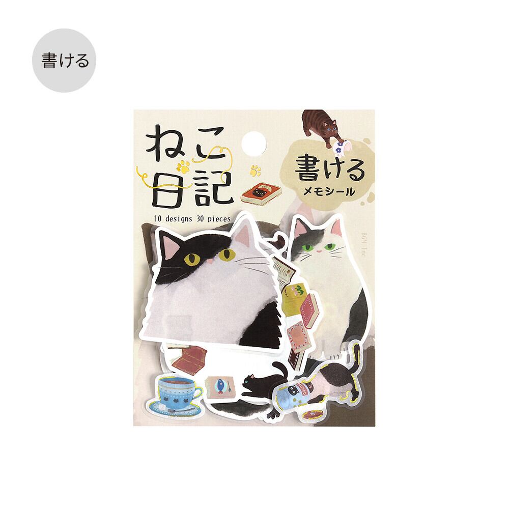 BGM】新作メモシール「ねこ日記」全4種類 フレークシール10designsx3