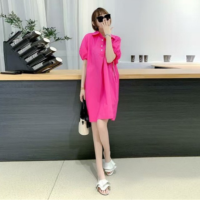 サマースタイルカジュアルルーズ半袖スリーブシングルポケットドレス ショート ハーフスリーブ 大きめサイズ 夏物 ミックスインファッション60413740049