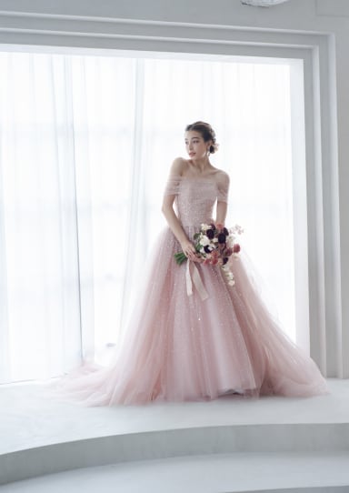 ビーズ刺繍マーメイドドレス ベージュピンク