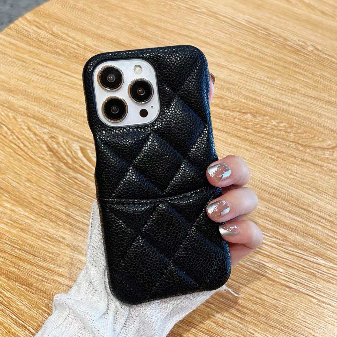 キルティングレザー♡ブラックiPhoneケース-ポケット付-【11 キルティングレザー♡ブラックiPhoneケース-ポケット付-【11