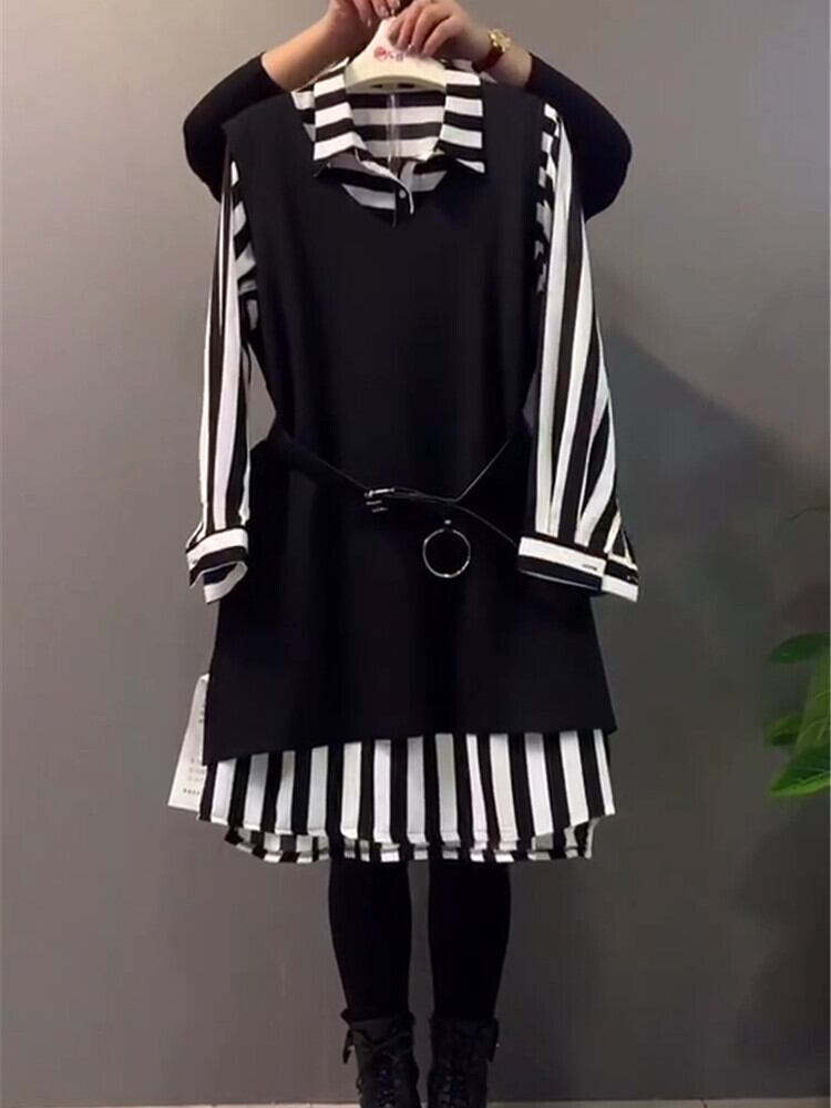 スプリングストライプトップス ロング 大きめサイズ 春物 ミックスインファッション87190610900