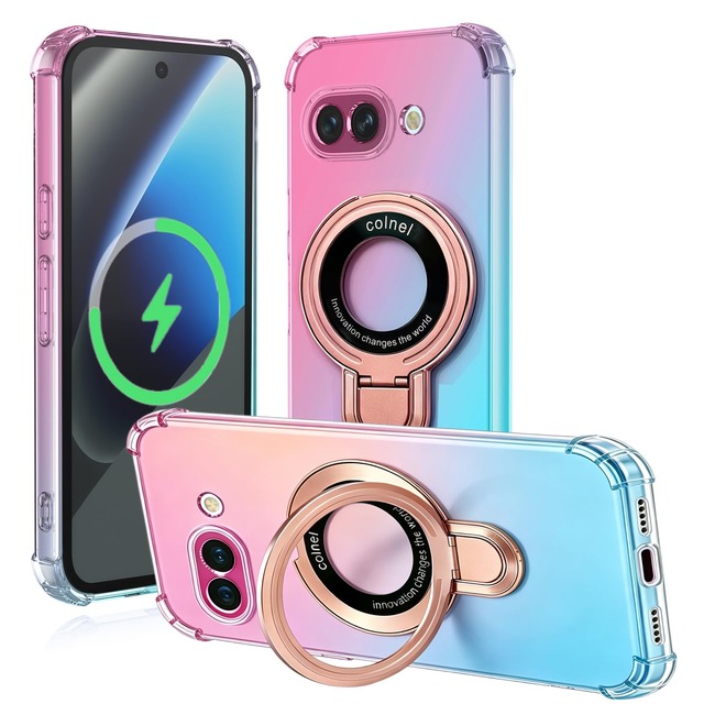 【Moilyo】対応 Google Pixel 10A用 ケース クリア 薄型 TPU 耐衝撃 MagSafe対応 マグネット搭載 車載ホルダー 縦横両対応 グーグル ピクセル10A スマホケース グラデーション色 保護カバー(ピンク&グリーン)