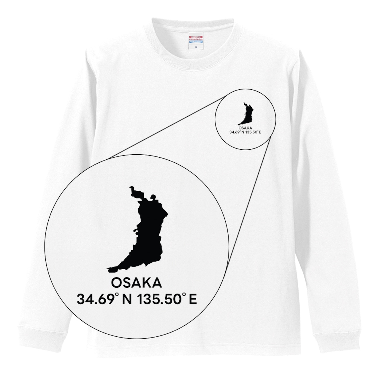 《大阪》 緯度経度ミニマルロングスリーブTシャツ|地図×地名×ワンポイントデザイン