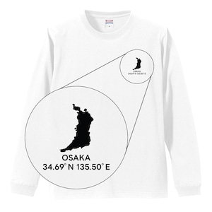 《大阪》 緯度経度ミニマルロングスリーブTシャツ|地図×地名×ワンポイントデザイン
