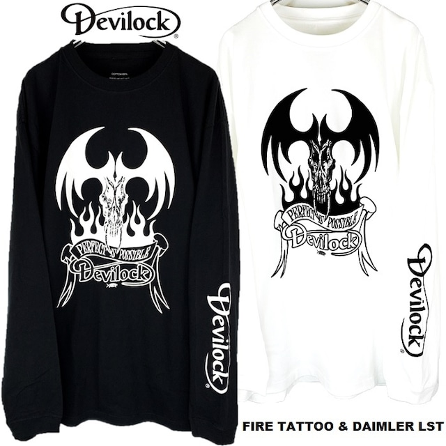 DEVILOCK / デビロック「FIRE TATTOO & DAIMLER LST」オーバーサイズ ビッグロンT 長袖Ｔシャツ 黒 白 ブラック ホワイト デビル 悪魔 炎 袖プリント ロゴ スカル ドクロ メンズレディース パンクロック PUNKROCK メタル METAL バンド フェス ギフト無料 ステージ衣装 Rogia