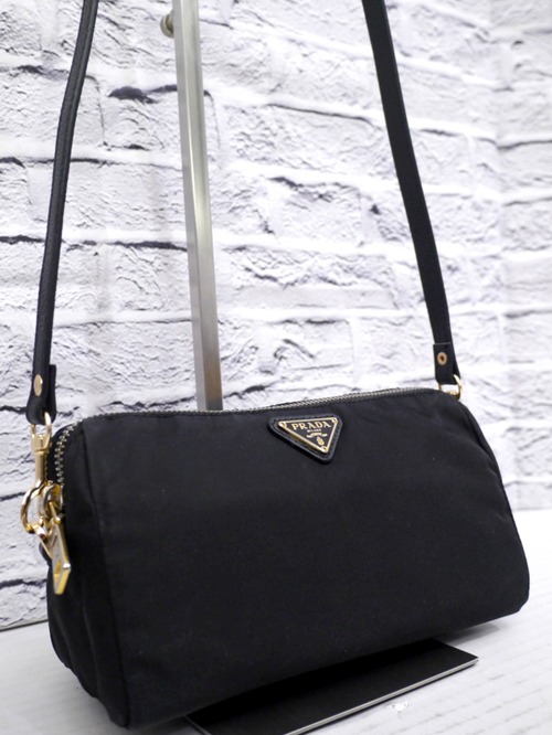 【美品】PRADA プラダ ナイロン×レザー切替 クロスボディ ショルダー カメラ バッグ ポシェット ポーチ 黒x金 ◆ 希少なゴールド金具モデル