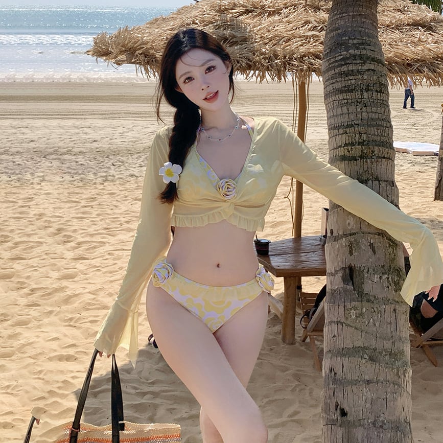 3点セット ビキニ 水着 フリル セクシー ガーリー 水玉柄 フラワーん