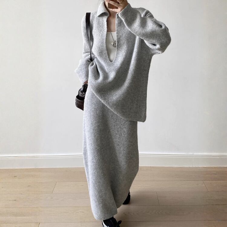 Vネックプルオーバー ロングペンシルスカート セットアップ 2col N00255