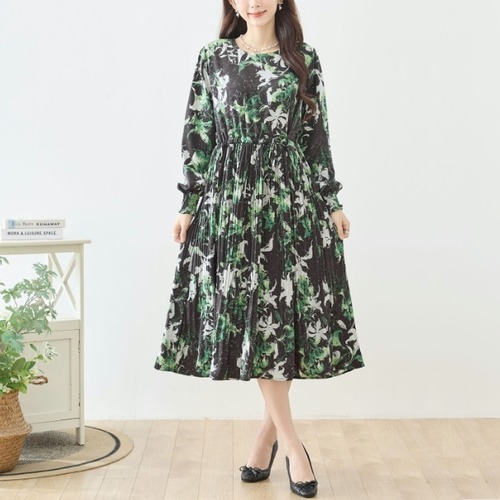 TRUBE ボタニカルプリント ロングワンピース ウエストリボン ギャザー 長袖 大人エレガント N82-476 fmsd  レディース 長袖 デイリーファッション 大人可愛い 普段着 ミセス おしゃれ着 30代 40代 50代 60代