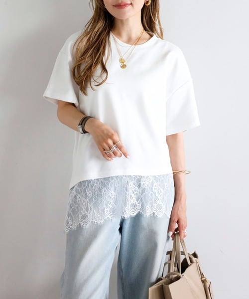 アシメ裾花柄レースTシャツ