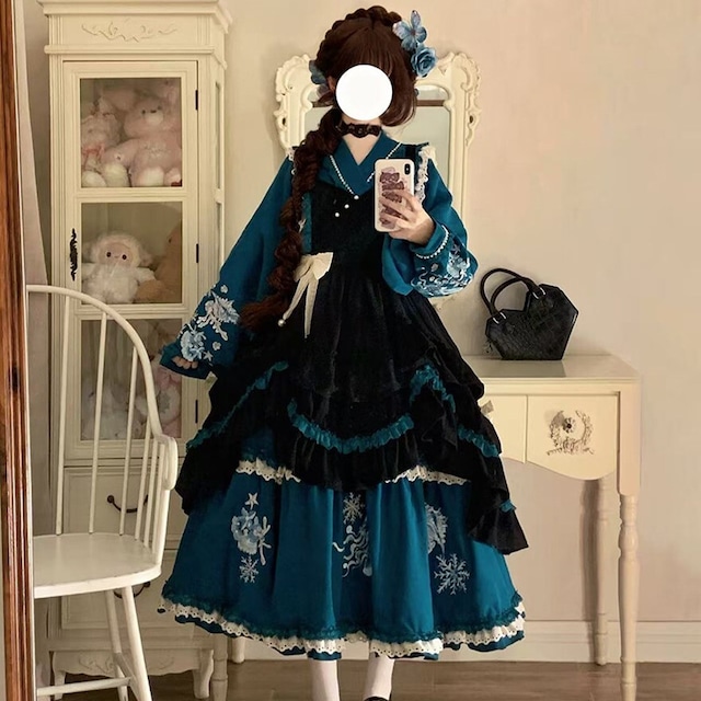 大人のゴスロリに|中華風刺繍の長袖セット|ティールブルー×黒の上品デザイン