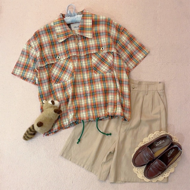 green madras check zip-up shirt