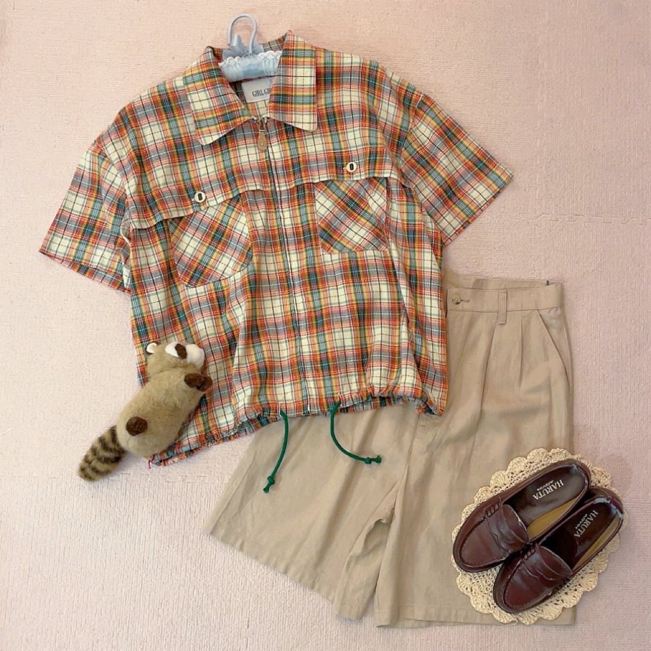 green madras check zip-up shirt