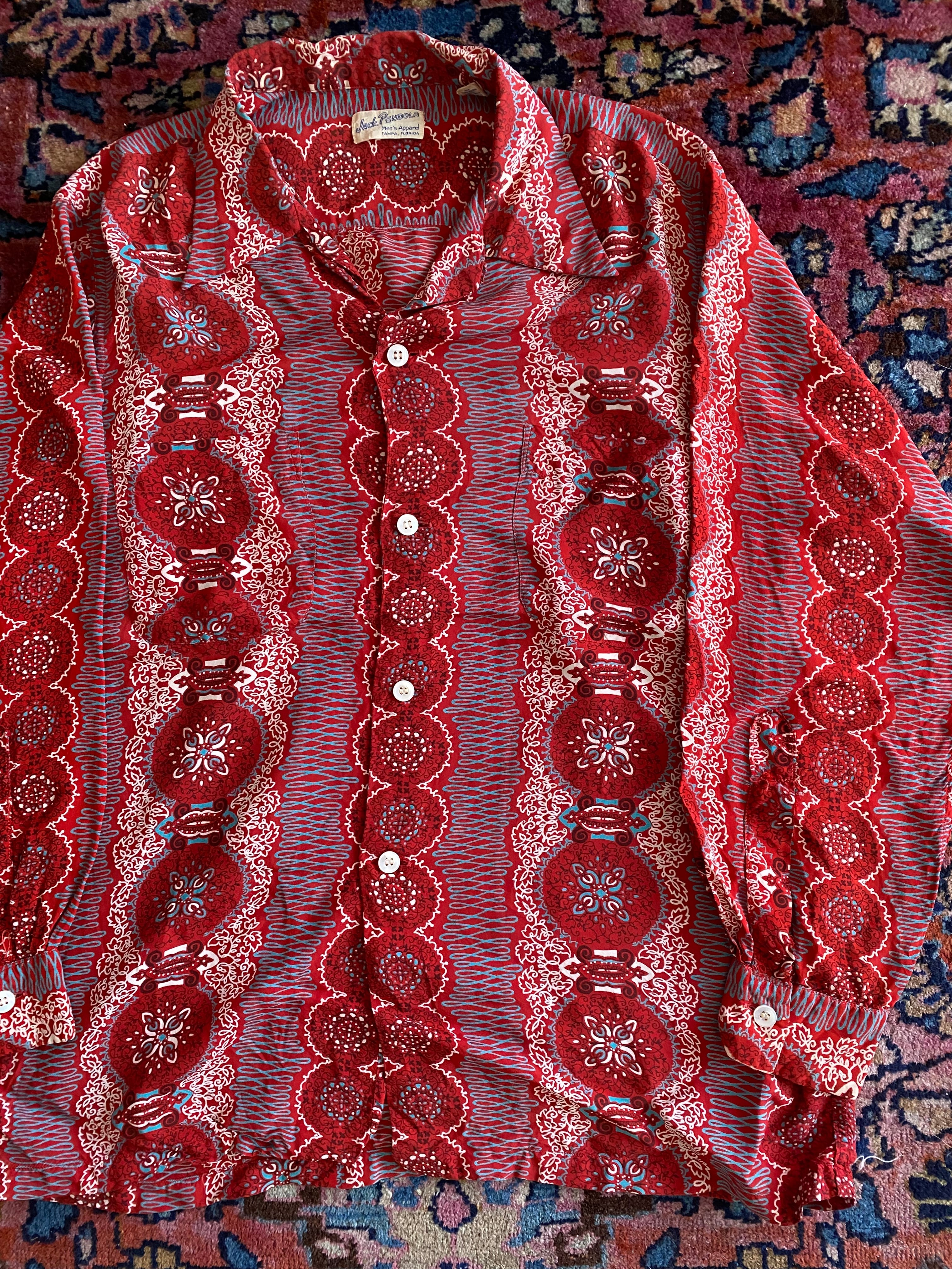 50s Mc Allister Kasuri / Atomic Pattern Rayon Shirt / vintage