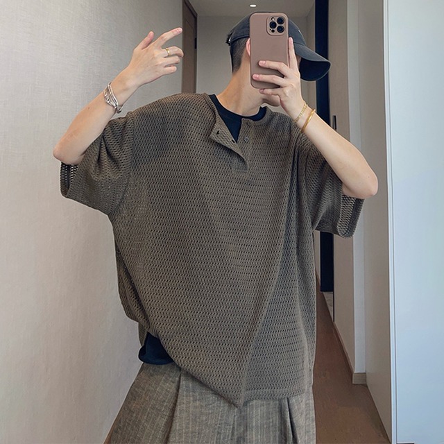 dannyandzee透けジャカードヘンリーネック半袖Tシャツ