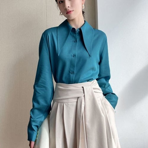 特価 日本倉庫 ビッグカラー シャツブラウス レディース ブルー