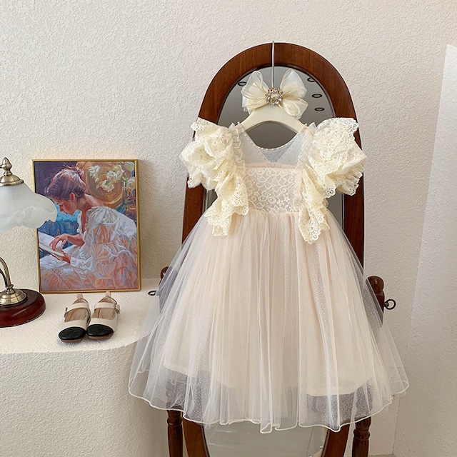 「予約」90-160cm　2024 夏　レースフリルワンピース　プリンセスドレス　女の子　半袖ドレス