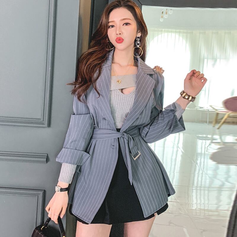 アウター ジャケット スーツ カジュアル デザイン感 韓国系 カッコイイ 個性 ベルト締めウエストデザイン ブルー S M L Ll Dresszone