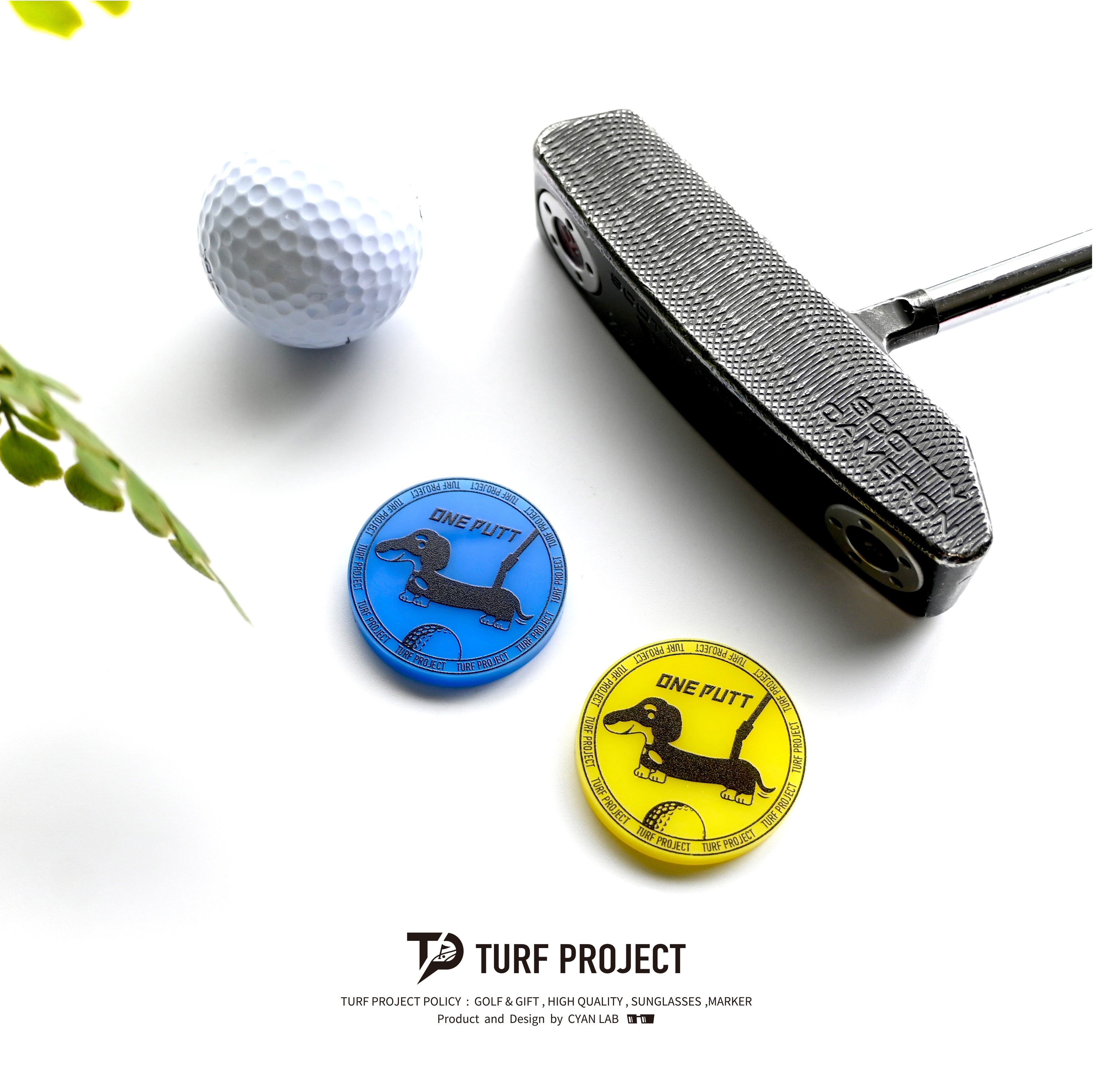 TURF PROJECT 数量10個限定デザイン 青黄ゴルフマーカー［犬ワンパット