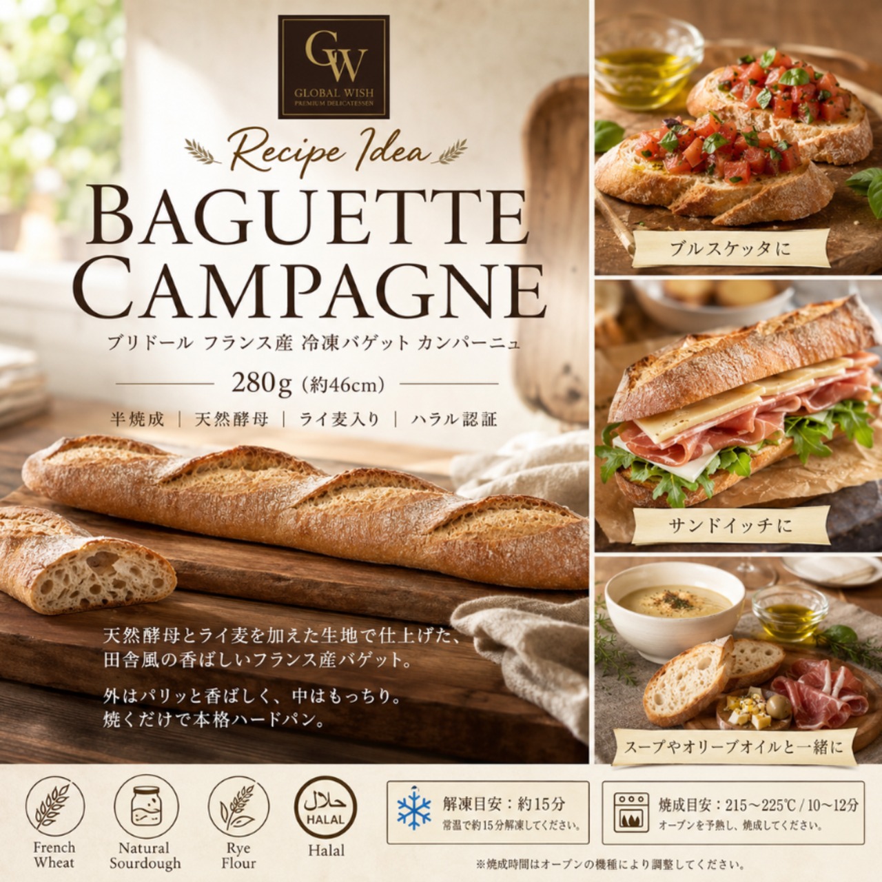 ブリドール バゲット ド カンパーニュ ラロス 280g (約46cm) フレデリック 天然酵母使用 【半焼成冷凍パン】 Bridor signe Frederic Lalos La Baguette de Campagne 280g (2本)