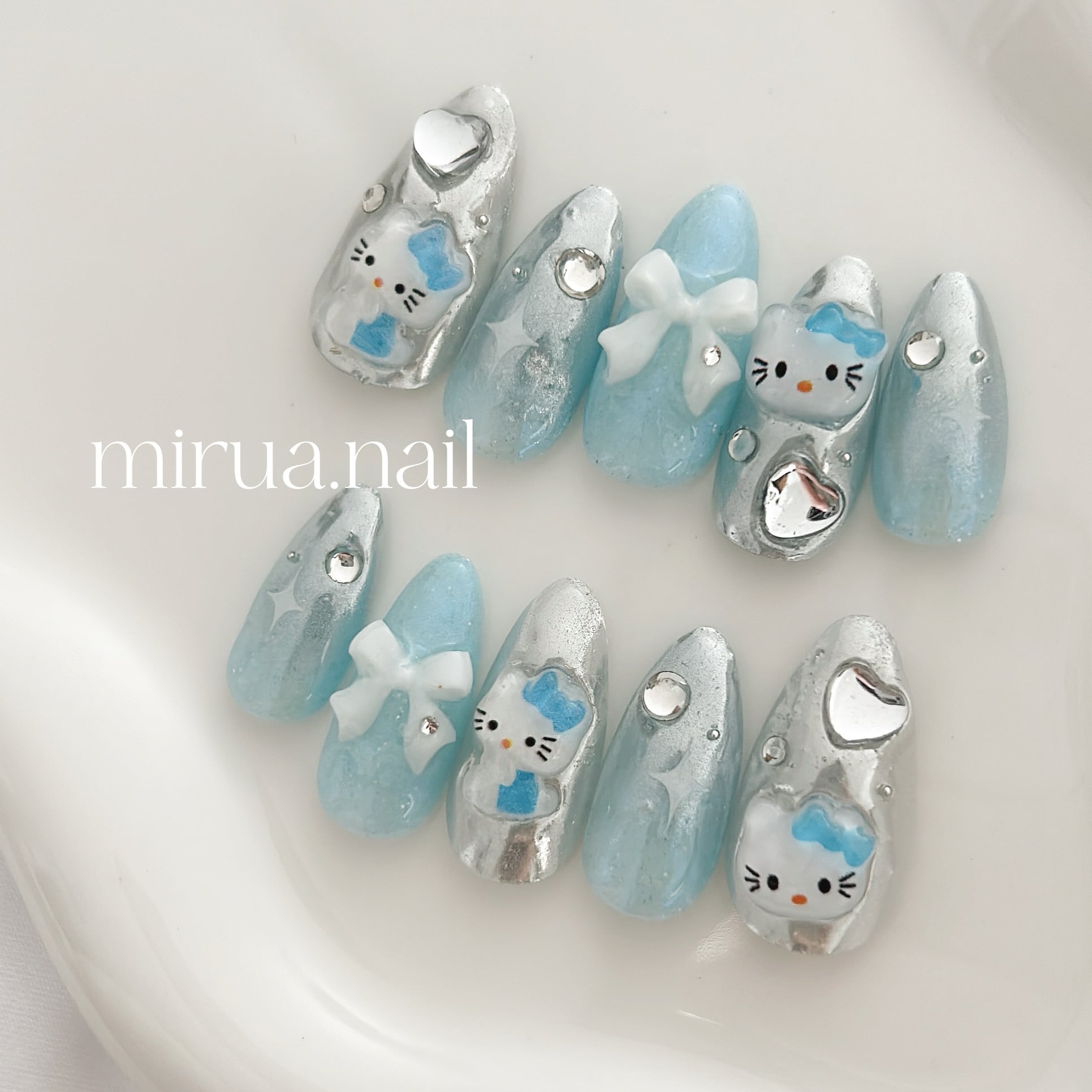 即納可 現品ネイルチップ y2kネイル 韓国ネイル シルバーネイル キティ  