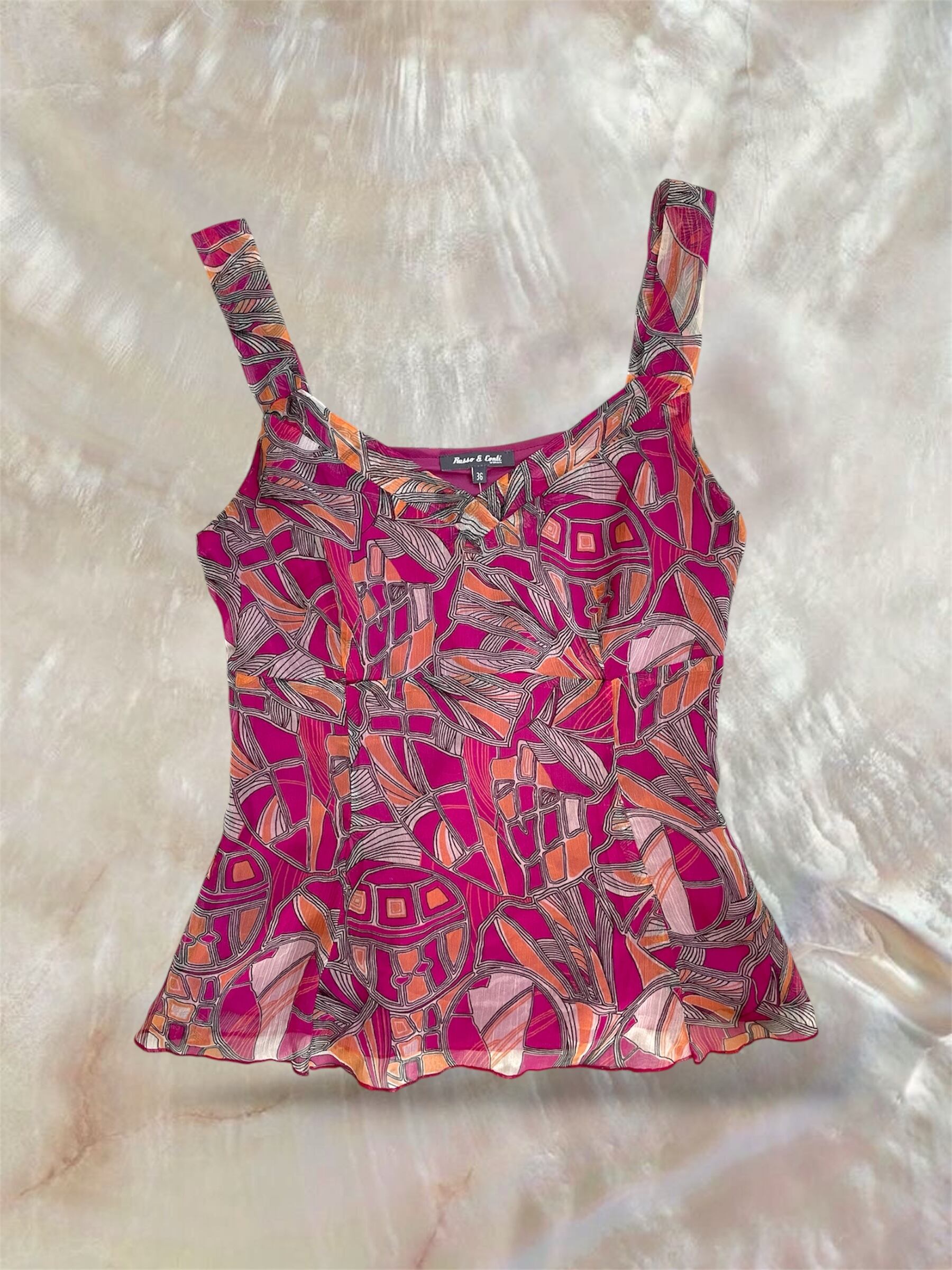 EUR VTG “Russo & Conti” Geometric Print Sheer Peplum Tops