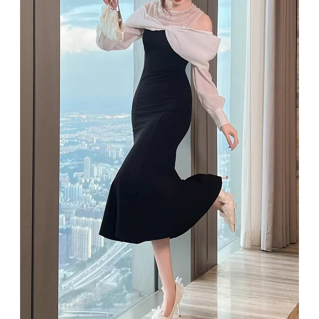 Off-shoulder Midi Mermaid Dress V3326