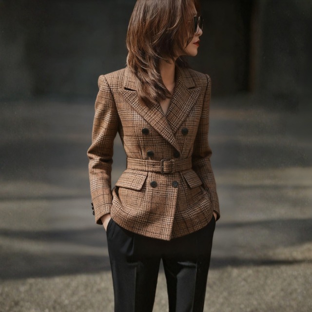 英国風チェック柄ショート丈ダブルジャケット　BM1265