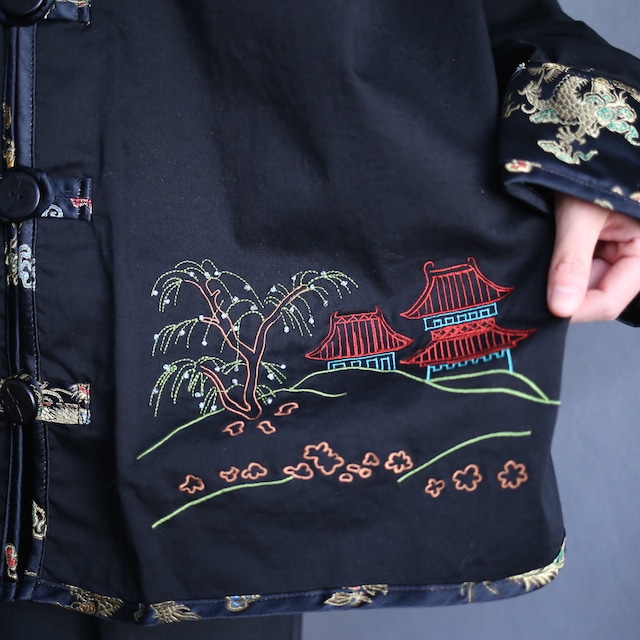 "刺繍" satin fabric switching design china motif special shirt