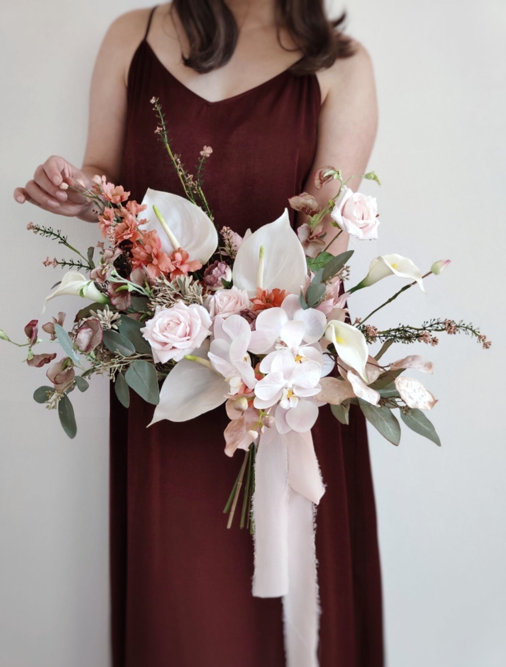 胡蝶蘭とアンスリウムのピンクブーケ 造花ウェディングブーケ ブートニア付 Nabana Flower Design 胡蝶蘭とアンスリウムのピンクブーケ 造花ウェディングブーケ ブートニア付 Nabana Flower Design