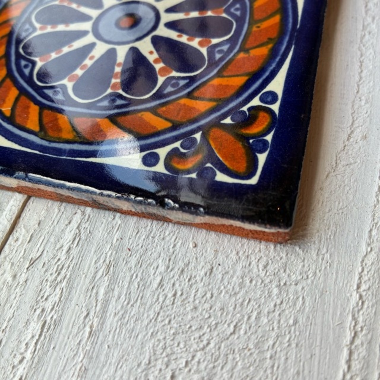 Mexico Talavera tile　メキシコタラベラタイル　O　フラワー　お花　ネイビー　ホワイト　10cm　コースター　鍋敷き　DIY　モザイクタイル　柄タイル　室内壁　室外壁　デザインタイル　レトロ　アートタイル　ハンドメイド