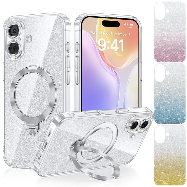 Gunwon iPhone 17 用 ケース CD紋様リング Magsafe対応 360°定点回転スタンド ラメ入りシート4枚付き レンズ保護・クリア