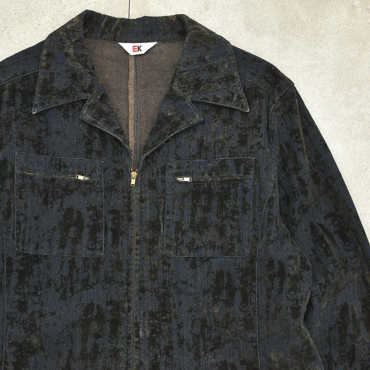 Flocky random print denim open collar jkt