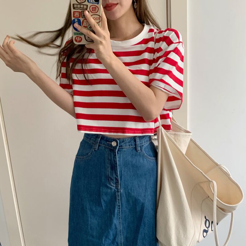 ベーシックストライプルーズウェストサマー半袖スリーブTシャツ トップス レディース ショート ハーフスリーブ 夏物 ビッグFスモールZ韓国30518689778