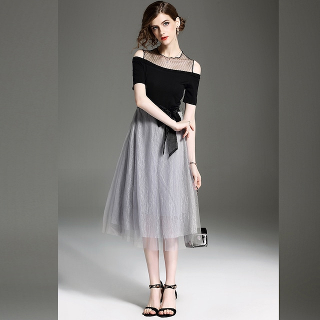 グレー　ミディ丈　バイカラー　パーティードレス　iPd0033