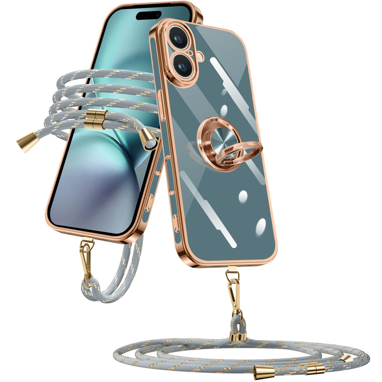 iPhone 17 向けの ケース リング付き ショルダー 耐衝撃 アイフォン17 カバー(グレーブルー)