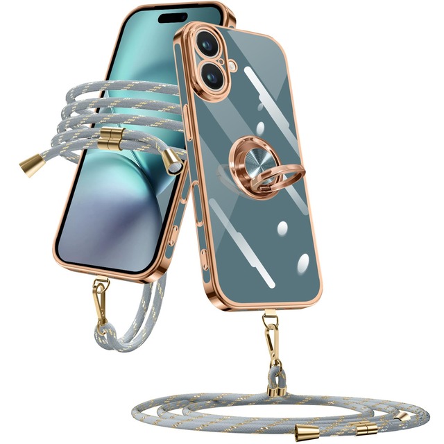 iPhone 17 向けの ケース リング付き ショルダー 耐衝撃 アイフォン17 カバー(グレーブルー)