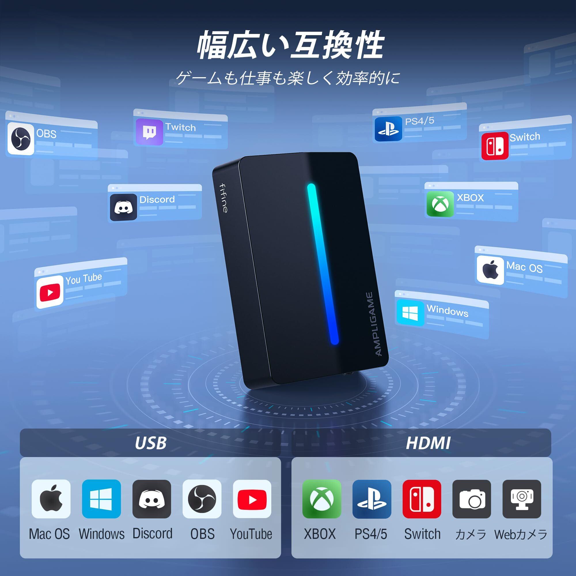 FIFINE キャプチャーボード Switch対応 4K パススルー 1080P 60FPS