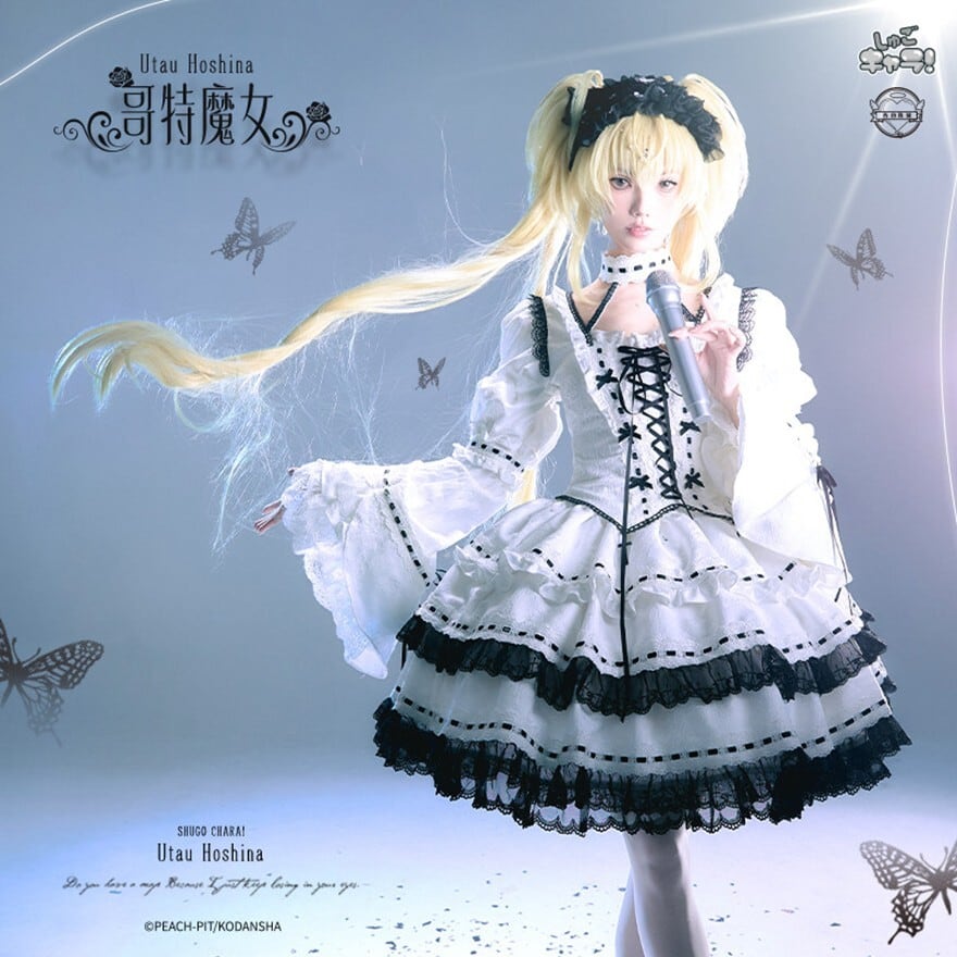 白黒レースのアイドル系ゴシックロリィタワンピース｜クロスリボン