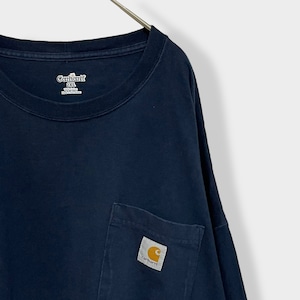 【Carhartt】長袖Tシャツ ロンT ロングスリーブ long sleeveワンポイントロゴ ポケットTシャツ ポケt 2XL ビッグシルエット ゆるだぼ ネイビー US古着