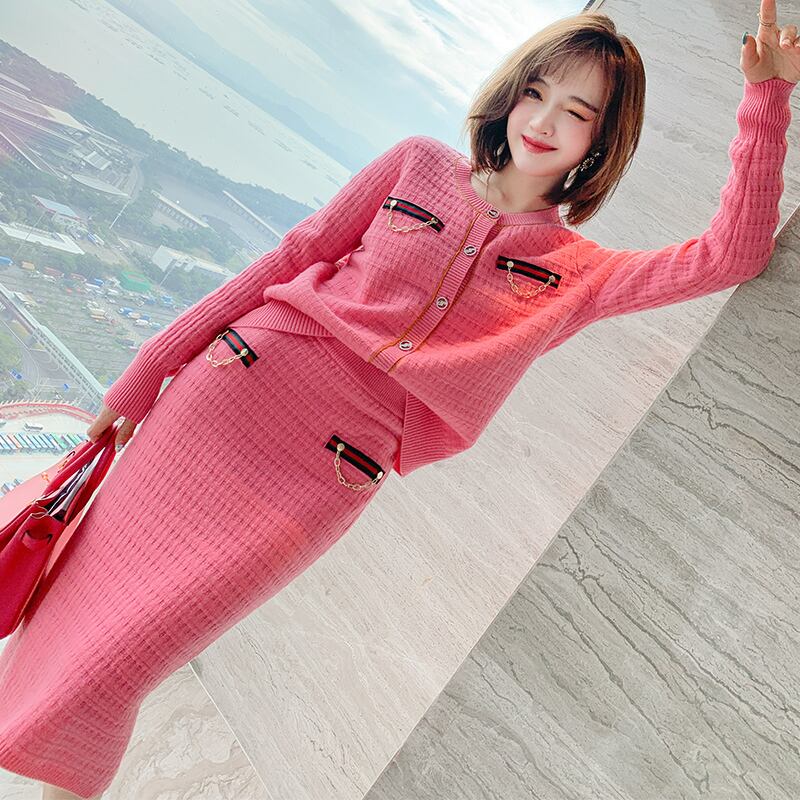 パターンカラーストライプニットカーディガンハイウェストウェストスカート ウィンタースタイル レッド 冬物 MIUCO90649672950