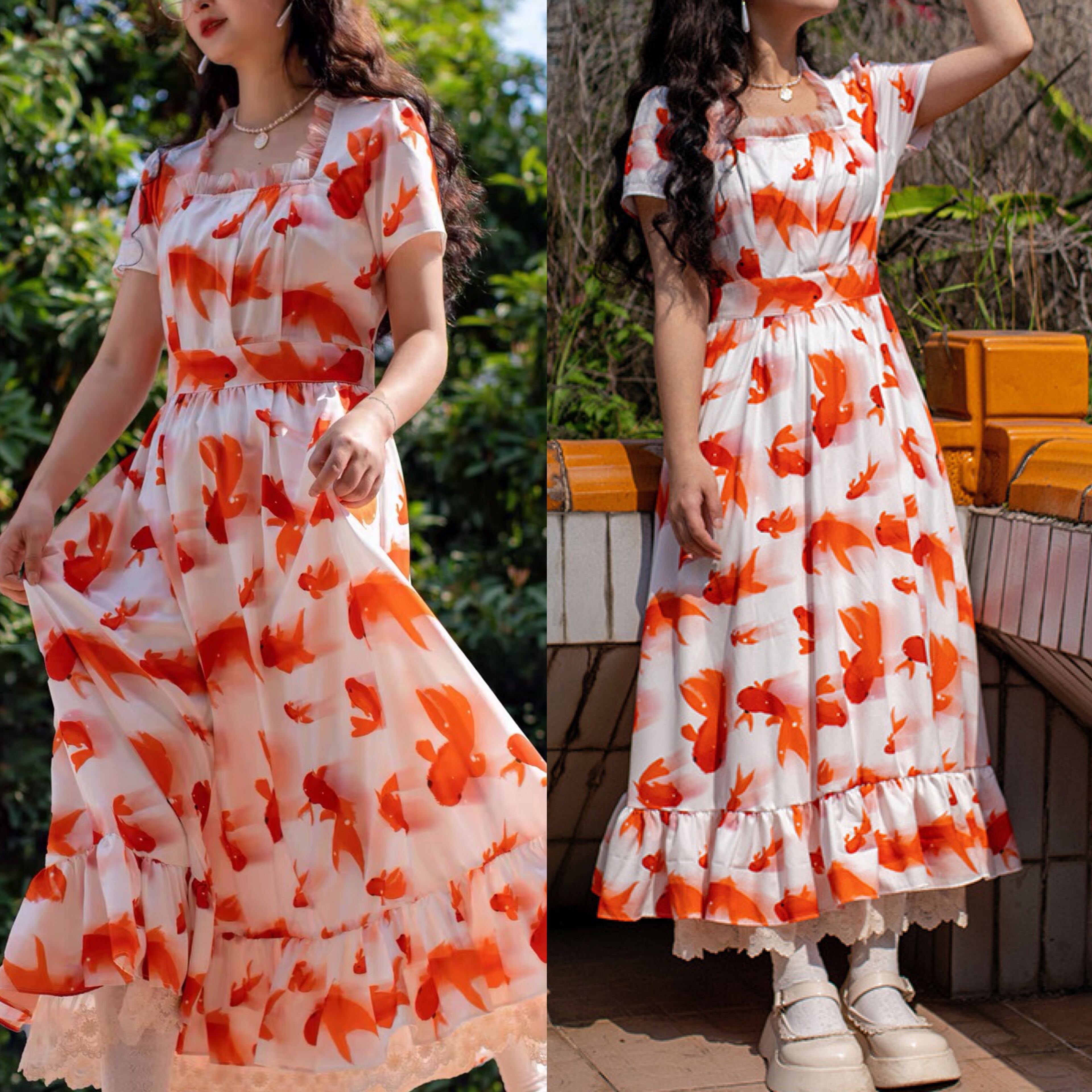 ワンピース 金魚 赤 夏 浴衣 ゆったり 魚 マリン 花火 可愛い 原宿