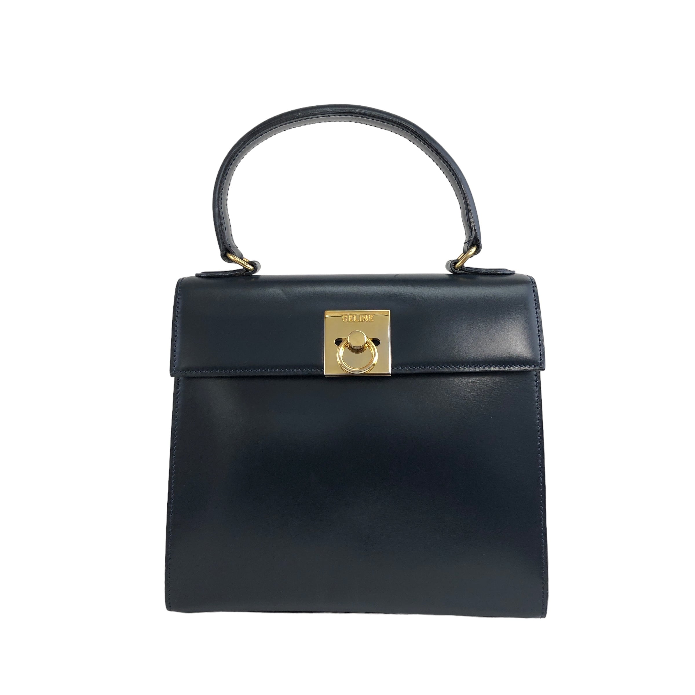 美品　セリーヌ　レザー　ガンチーニ　ハンドバッグ　ネイビー CELINE セリーヌ ハンドバッグ ネイビー ガンチーニ レザー vintage