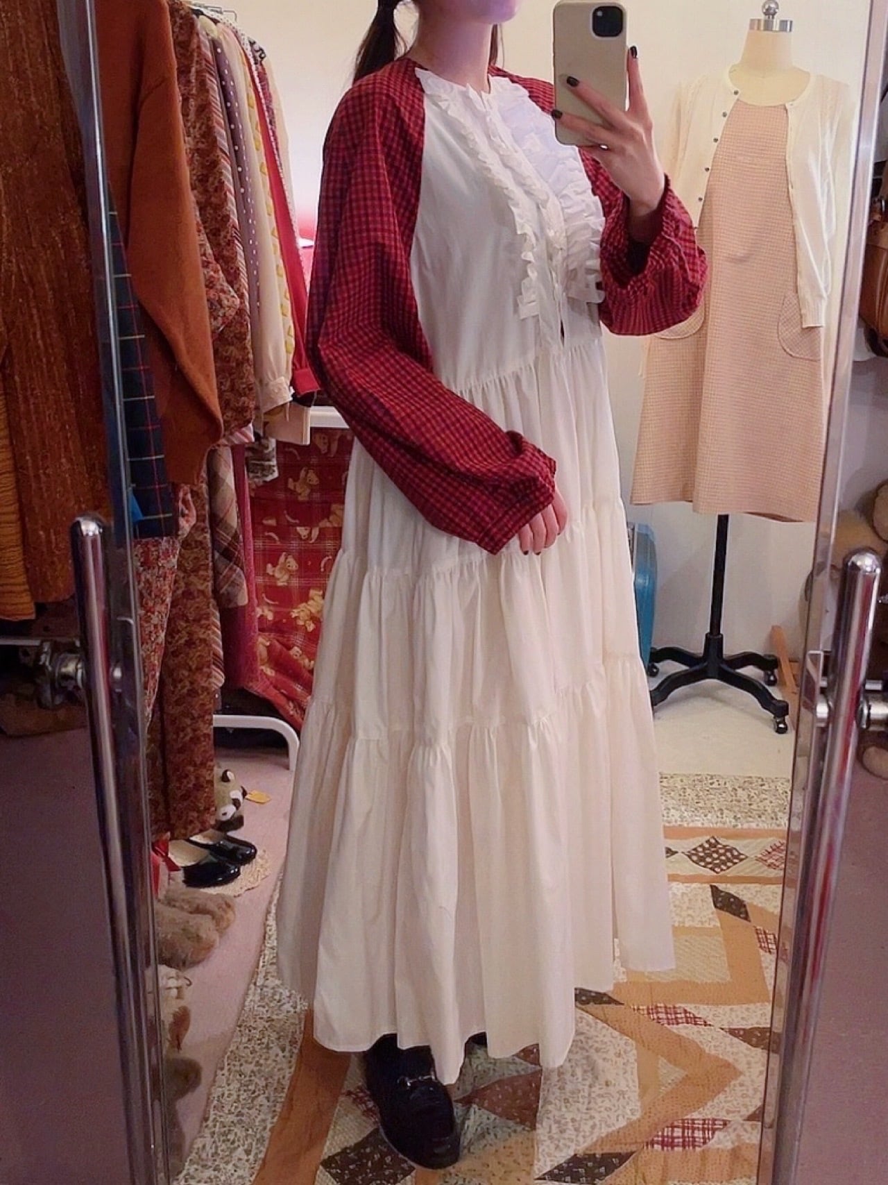 original / white × red check raglan sleeve one-piece