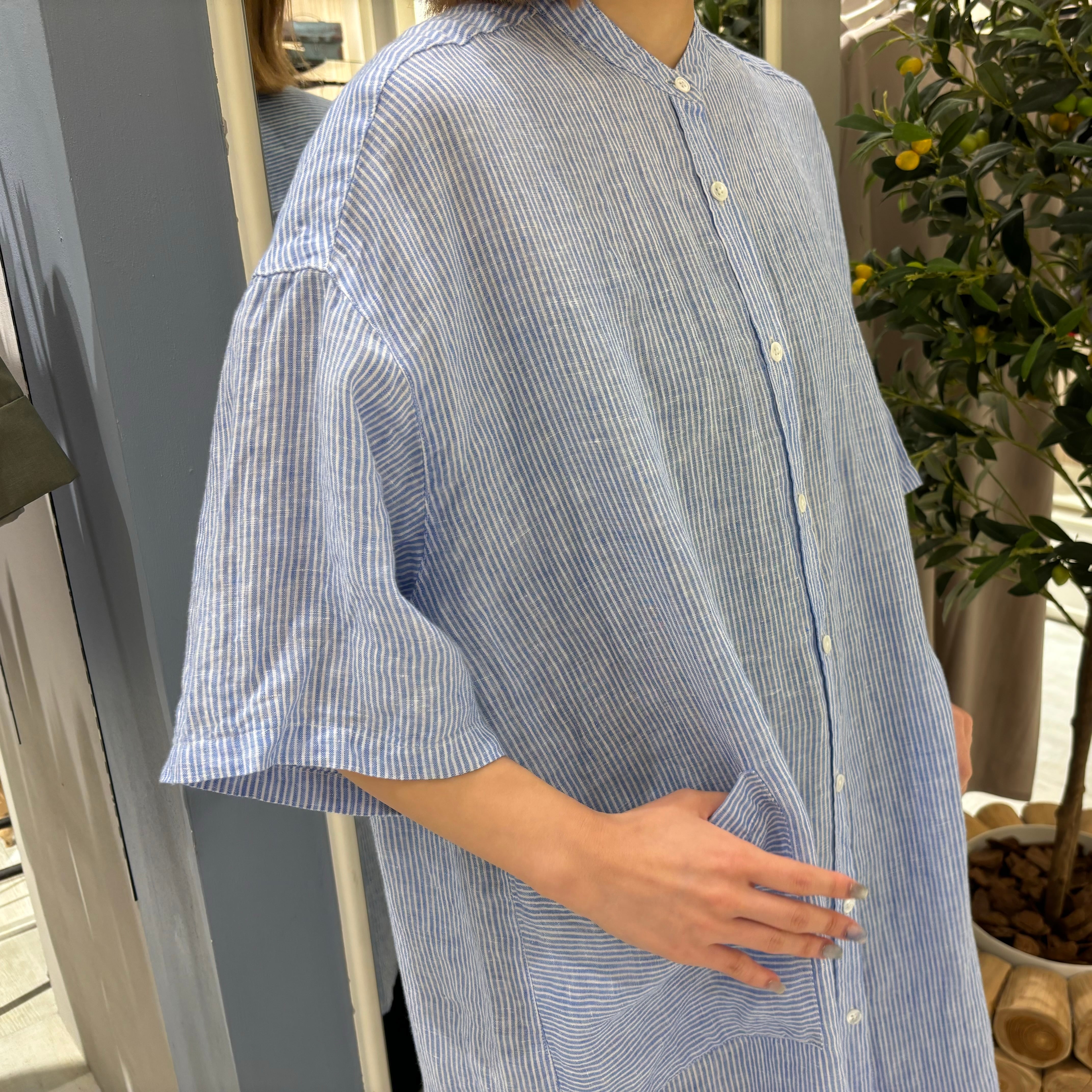 HEAVENLY リネンストライプハーフスリーブシャツチュニック | Siniy