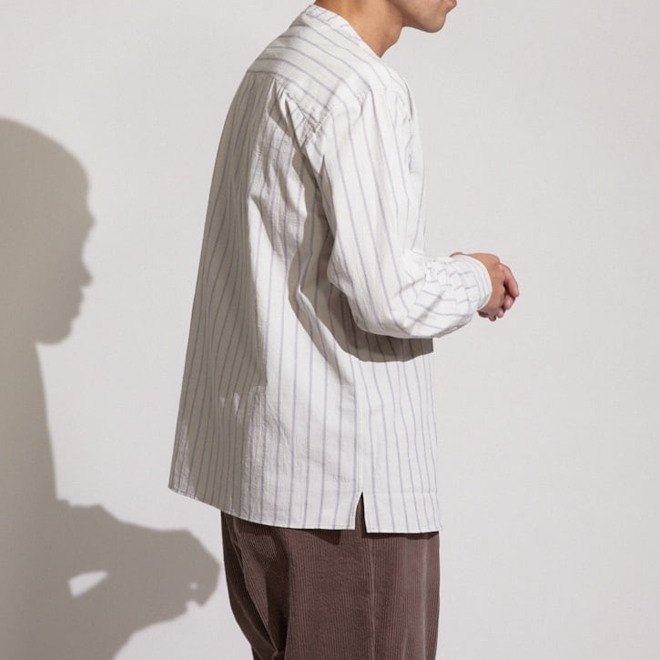WASHER STRIPE BAND COLLAR SHIRT / ワッシャーストライプバンドカラー