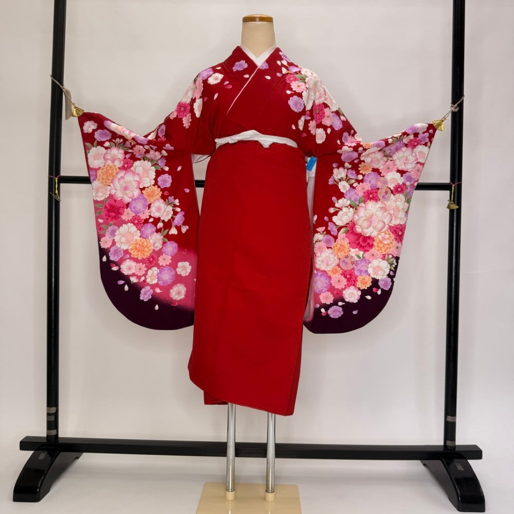 二尺袖 単品 卒業式着物 赤 裄68.5cm Lサイズ 袴用着物 化繊 中古 5846