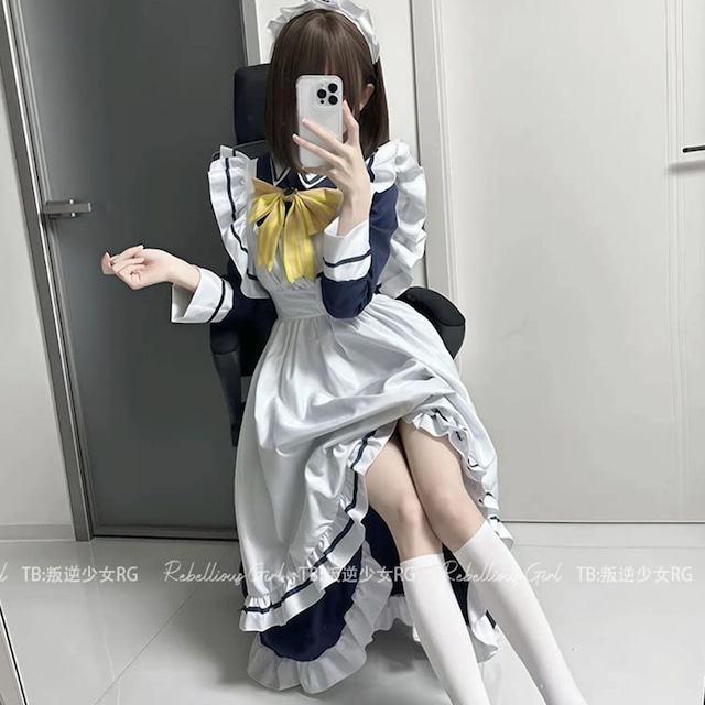 星光カフェの夜メイド ネイビーロング丈サブカル系メイド服4点セット