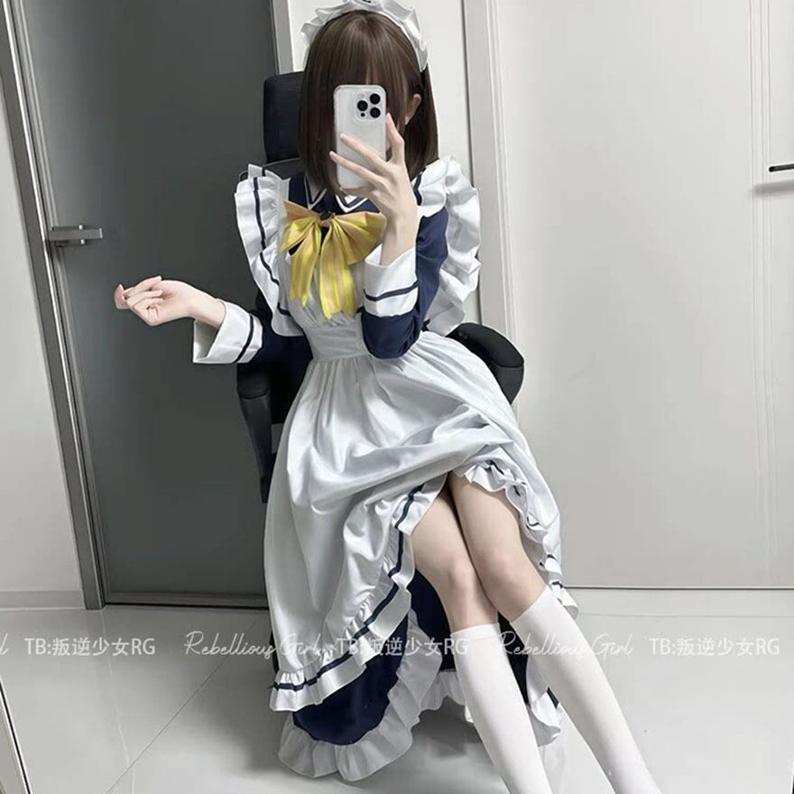 星光カフェの夜メイド ネイビーロング丈サブカル系メイド服4点セット